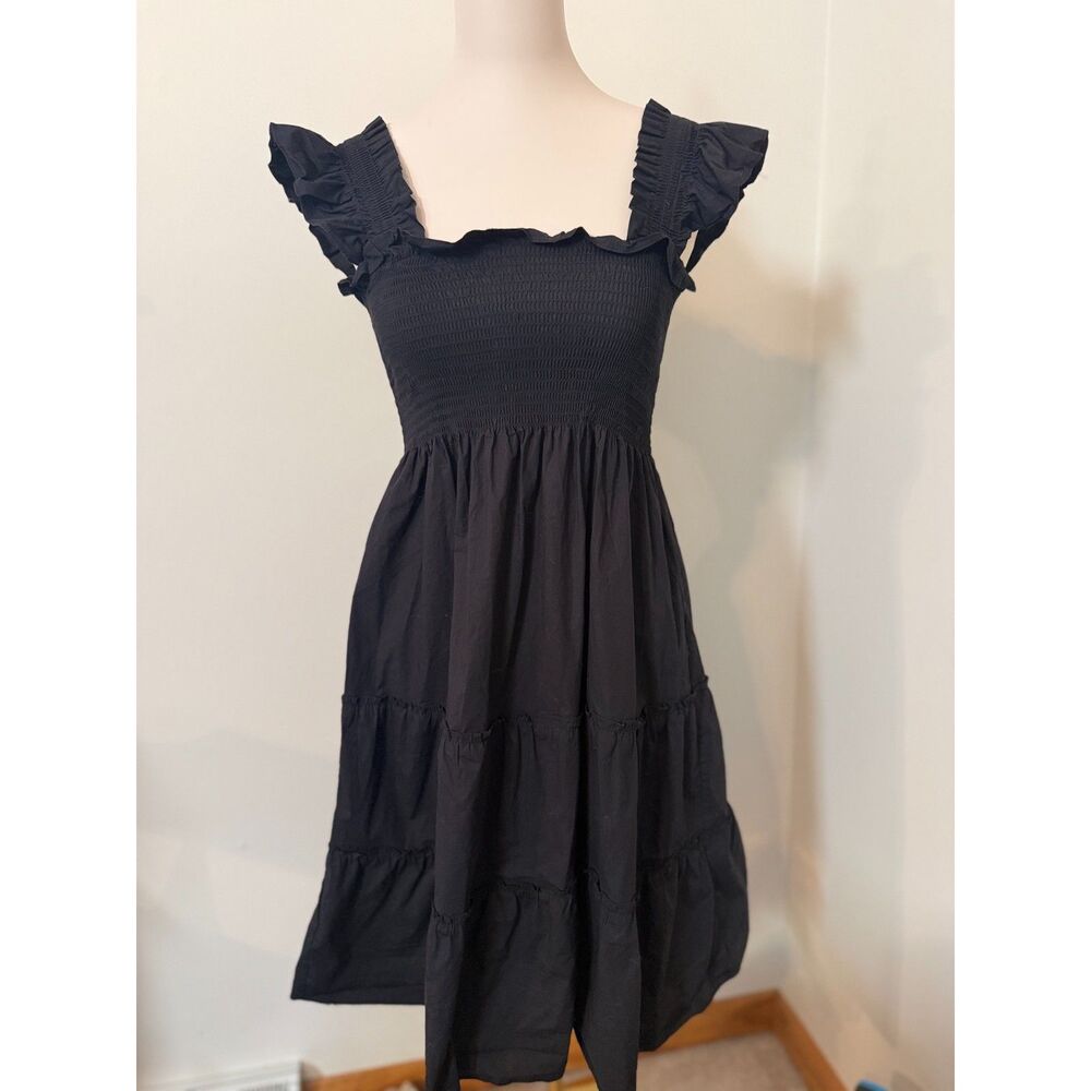 Hill House Home Ellie Nap Dress XS Black Smocked Ruffle Tiered Midi Dress
